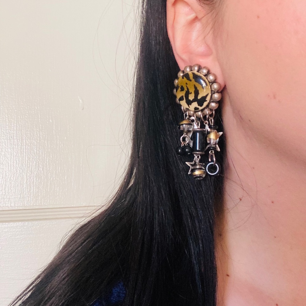 Vintage Extra Large 80s Leopard Print Earrings With Charm Chain Beads 2.75”